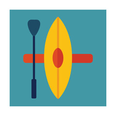 Colorful flat design illustration of a kayak and paddle on a turquoise background