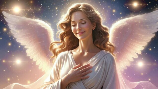 Graceful female angel with serene expression and hand over heart, surrounded by sparkling starlight and ethereal glow. 