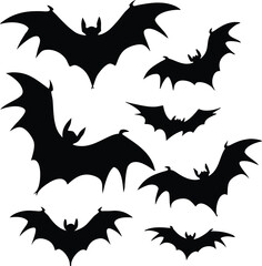 Collection of Black Bat Silhouettes on White Background