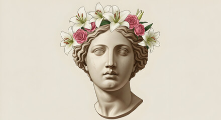 Serene Classical Sculpture Woman Floral Crown Beauty Art Elegant Vintage Greek Mythology Goddess Head Bust