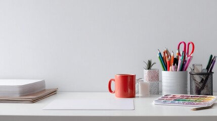 Obraz premium Creative Workspace: Artist's Desk with Supplies