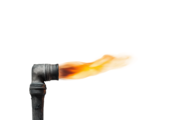 Industrial gas pipe with fire flame on black background, cut out