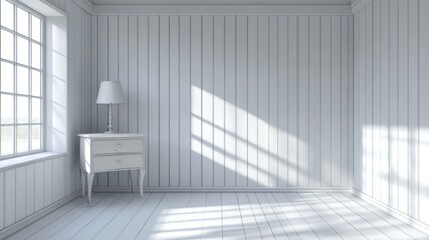 Fototapeta premium Empty white room with sunlight and a small bedside table.