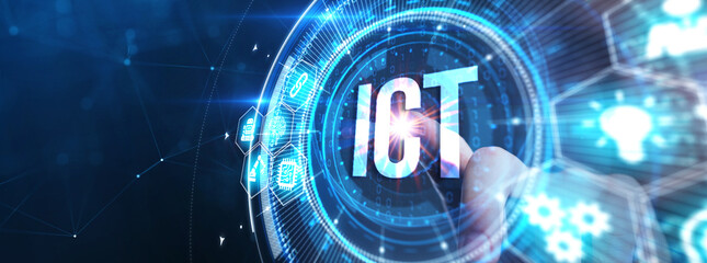 ICT Information communication technology internet concept on virtual screen.