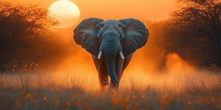 Majestic elephant walking through tall grass in an orange glowing sunset with misty atmosphere and trees on both sides