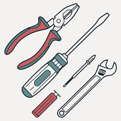 Black and white line art Silhouette working tools vector doodle art in white background
