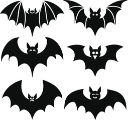 Six Black Bat Silhouettes Halloween Design Elements