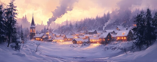 Digital painting of a tranquil lake surrounded by snow-capped mountains at sunrise, Generative AI