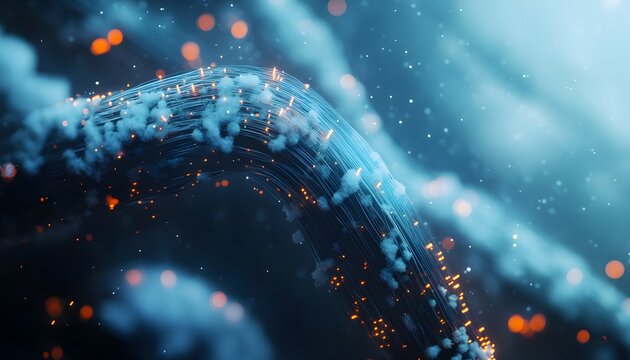 Abstract design with glowing threads and particles.