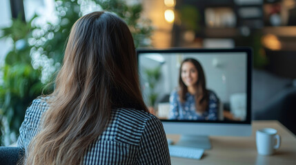 Employer conducting an online job interview, with a view over the shoulder of the interviewer, using webcam and PC to maintain distance and prevent COVID-19 spread