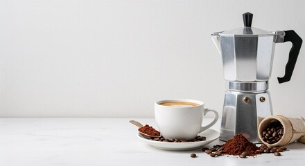 Espresso maker with coffee cup and beans on white countertop  