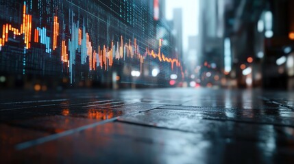 Blurred city street scene on a rainy night with illuminated digital financial graph overlay reflecting off wet pavement