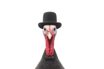 Turkey wearing black bowler hat and bow tie against black background, cut out