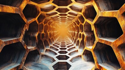 Interior view of a geometric honeycomb-like tunnel with warm lighting creating depth and an abstract, futuristic atmosphere
