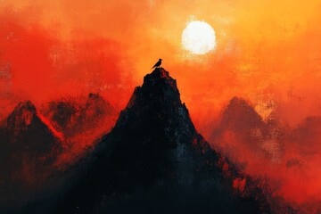 Digital painting of a dragon perched atop a mountain peak under a fiery sky, Generative AI