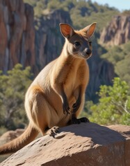 Agile rock wallaby perched on rugged Queensland outcrop, rock wallaby, ecosystem, rock