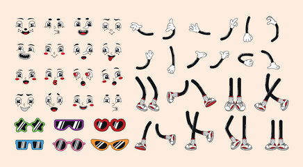 Groovy retro cartoon character elements: legs, hands, faces. Funky comic psychedelic mascot parts, different poses and angles. 60s, 70s, 80s hippie vector illustration set.