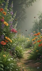 Abundant flowering plants and buzzing insects create a rich, seamless border ,  photography,  grass