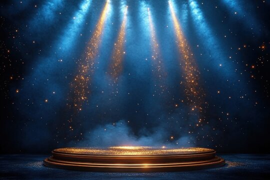 Illuminated empty round golden stage platform with sparkling golden particles and blue spotlight beams in a dark smoky environment