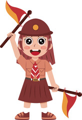 Illustration of Girl Scout Waving Flags