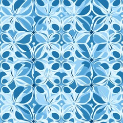 Seamless repeating pattern of stylized blue and light blue abstract floral shapes creating a decorative design with soft petals and layered leaves