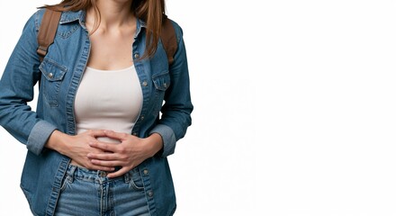Young woman holding her stomach in discomfort, wearing denim outfit  