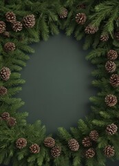 Deep green fir boughs and textured pine cones create a rich Christmas frame , seasonal, winter frame
