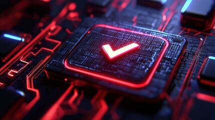 Close-up of glowing circuit board with checkmark
