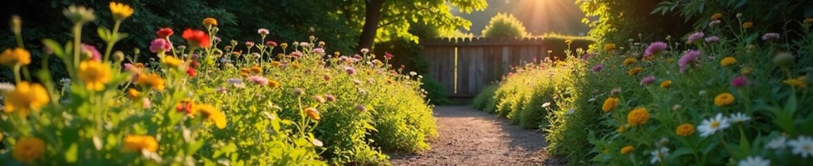 Sun-drenched, overgrown garden path winding through wildflowers, rustic fence in background, nostalgic summer scene Hints of past glory, weathered stone, overgrown foliage , rural, way, abandoned