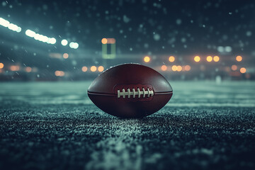 American football ball on grass field of stadium with lights at night