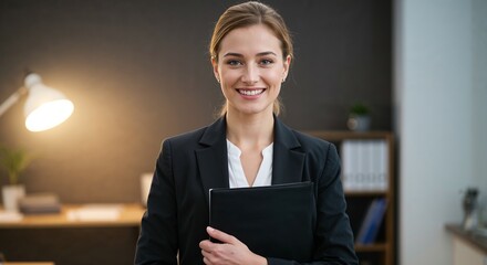 Smiling businesswoman holding a folder in modern office setting  