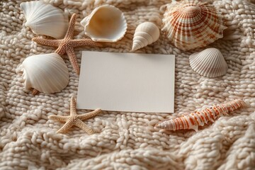 Assorted seashells and starfish arranged around a blank card on a textured knitted beige fabric, evoking a calm and natural beach-inspired mood