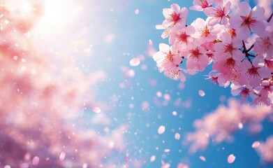 Close-up of delicate pink cherry blossoms in full bloom with petals gently falling against a bright blue sky, evoking a serene and peaceful spring atmosphere