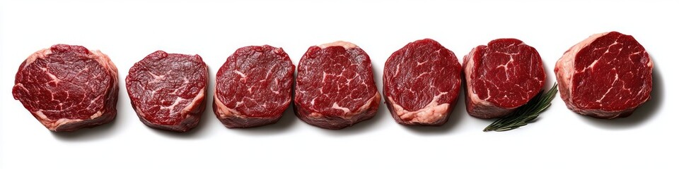 Obraz premium Seven raw beef filet mignon steaks aligned horizontally on white background with one sprig of fresh rosemary