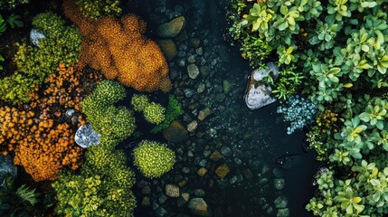 Mountain stream with vibrant moss and flora.  Clear water flowing over rocks