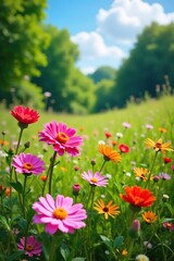 Fototapeta premium Vibrant wildflowers in full bloom against a backdrop of lush green foliage under a bright summer sky Perfect for nature, travel, and seasonal themes , meadow, sunlight, blossom