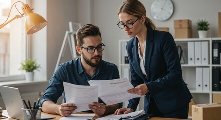 Business team discussing documents at desk in modern office  
