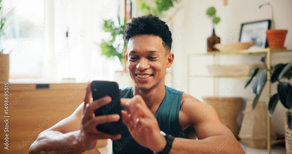 Poster home, man and smile with smartphone for fitness, virtual exercise and scroll on website application.