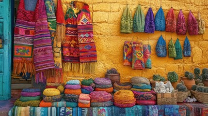 Vibrant Andean Textiles and Cactus Decor Adorn a Sunny Yellow Wall