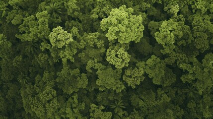 Naklejka premium Dense forest canopy view from above. Lush green trees and foliage fill the image, creating a vibrant natural scene