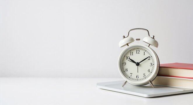 Classic alarm clock beside stacked books on white surface  