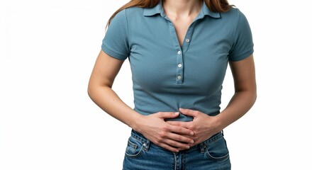 Young woman holding her stomach with discomfort in casual outfit  
