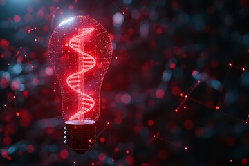A red glowing DNA in a technological dark backdrop with a big empty space for text, Generative AI.