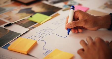 Hands, person and writing on vision board in home for planning goals, aspirations and manifestation. Poster, pictures and sticky notes for inspiration, progress tracking and personal development