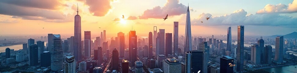 Fototapeta premium Sleek modern skyscrapers dominate the city skyline, reflecting sunlight in a breathtaking display of architectural prowess A stunning view of urban density and ambition , highrises, cityscape, urban