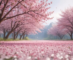 Floating pink sakura petals, blurred spring landscape  Pastel hues dominate ,  calm,  beauty
