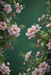 Intricate hand-painted blossoms, lush green backdrop,  pattern,  textile