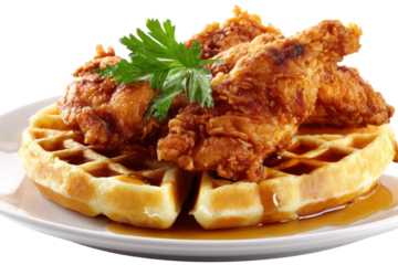 Crispy fried chicken on golden waffles drizzled with maple syrup, cut out