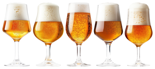 PNG Five elegant beer glasses, element set on transparent background
