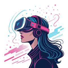 A young woman's head, immersed in VR, wearing a sleek, futuristic headset displaying digital information.  Intricate details on headset and subtle lighting effects.